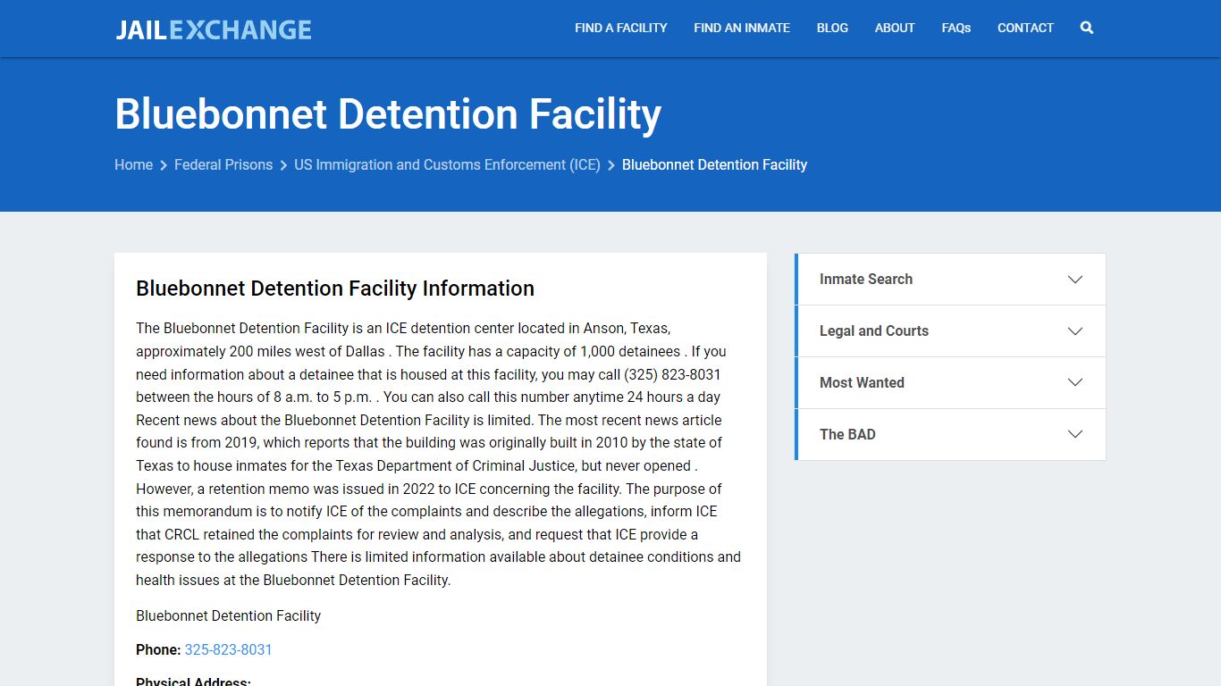 Federal Inmate Search - Bluebonnet Detention Facility - Jail Exchange